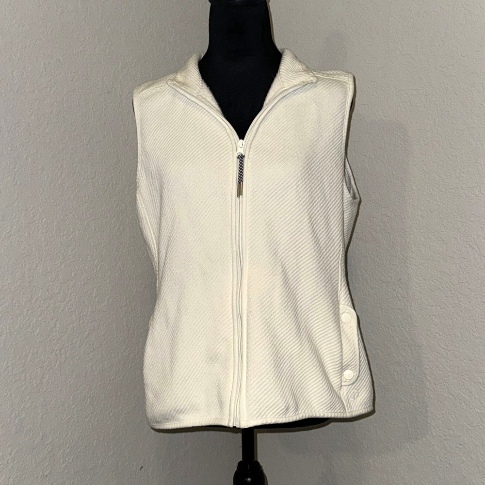 T By Talbots Vest Women's Large Ivory Cotton Pockets Ribbed Sleeveless Full Zip